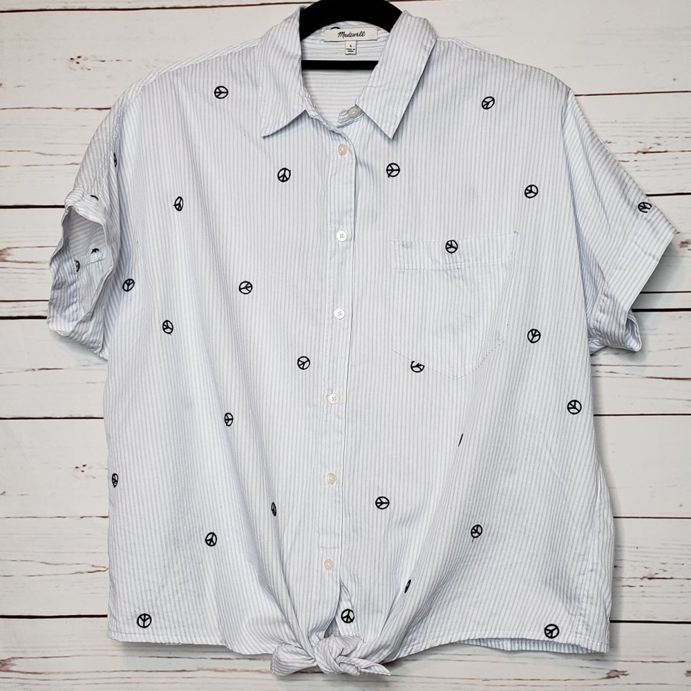 Madewell Striped Peace Sign Embroidery Tie Waist Top